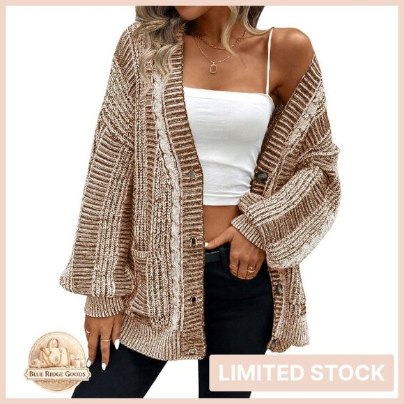 Sweaters - Oversized Cable Knit Cardigan Sweater Long Sleeve Vintage Chic Outerwear